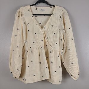 Madewell Cream Cotton Long Sleeve Bow Print Coquette Classic Peplum Top XL